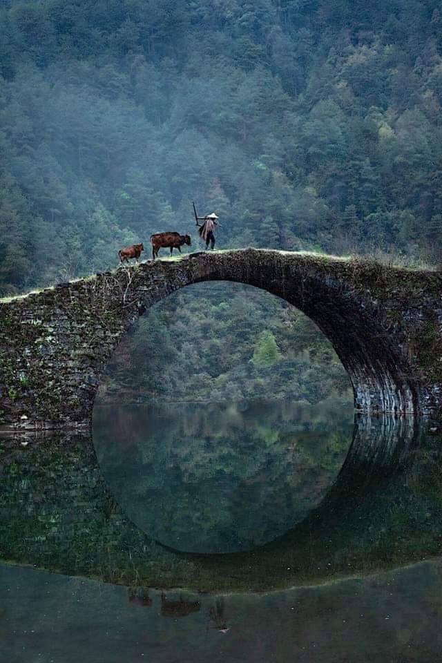 An ancient stone arch bridge reflected in calm water with people crossing.