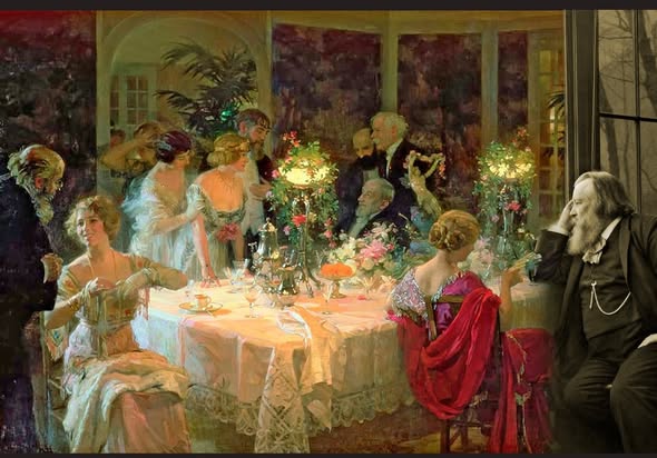 The End of Dinner by Jules Alexandre Grun is in the public domain, as is the portrait of Brahms sitting in. The two images were integrated by Barry Birnbaum.